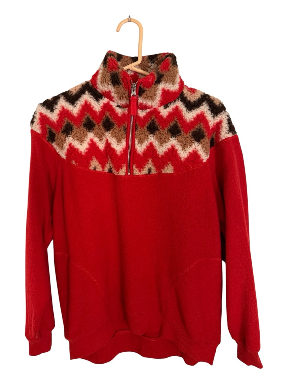 aerie Deep Orange Half-Zip Fleece Jacket w Patterned Yoke Cabincore Apres Ski